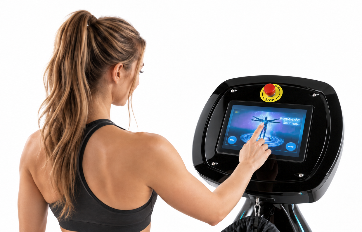 Femeie într-un sutien sport care folosește un panou de control cu ecran tactil pe un aparat de fitness negru elegant, cu un buton roșu de oprire deasupra ecranului.