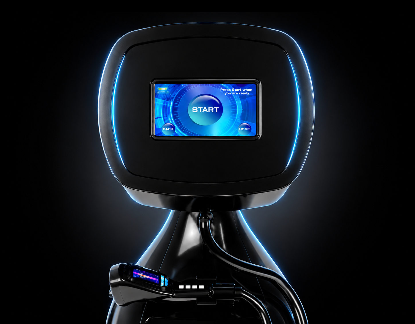 Dispozitiv negru futurist cu margine iluminată în albastru, dotat cu un panou tactil care prezintă un buton START mare și opțiuni de ecran înapoi/acasă.