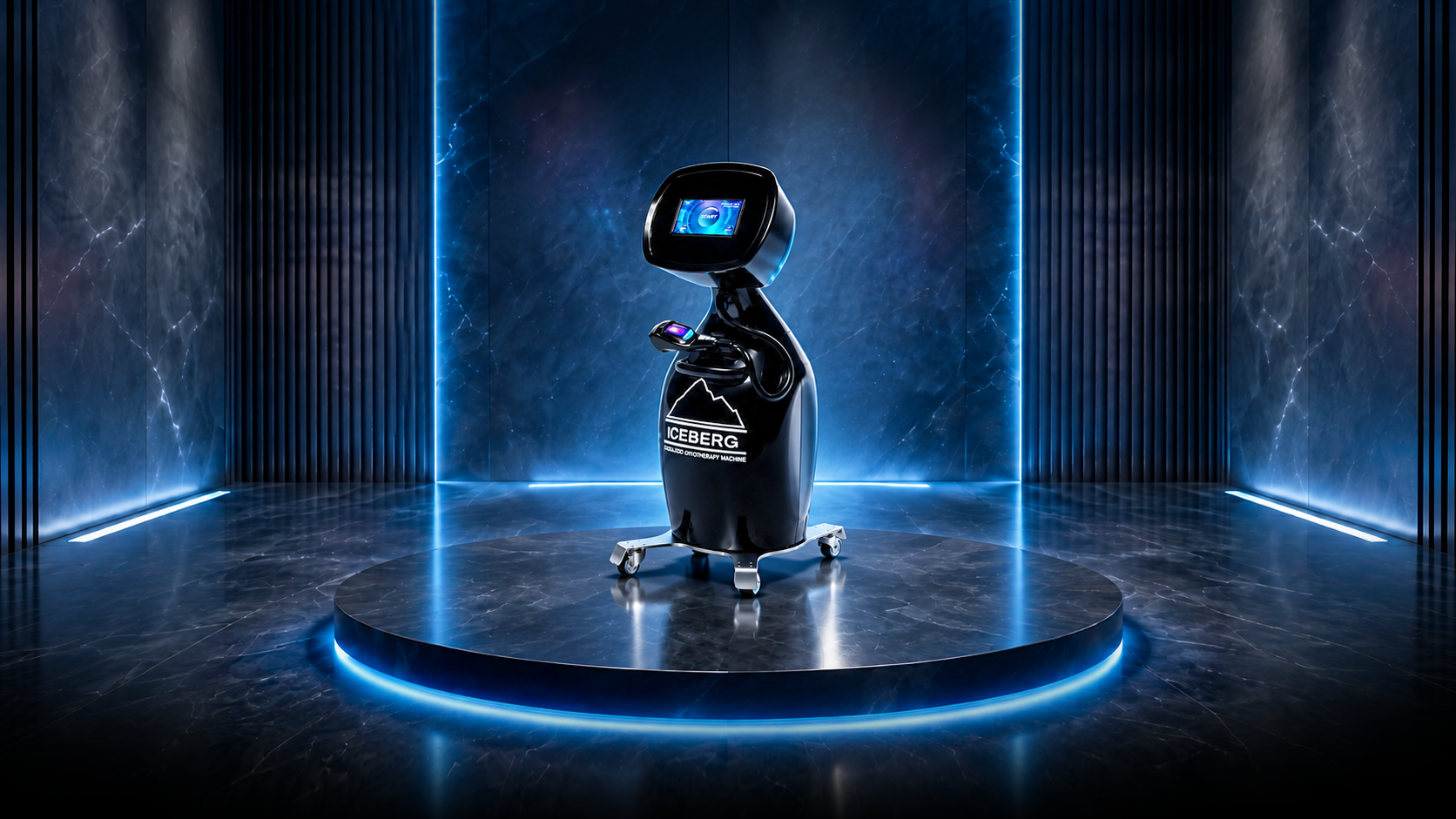 Robot de terapie Iceberg de înaltă tehnologie, amplasat pe o platformă circulară strălucitoare într-o cameră futuristă luminată în albastru, prezentând designul elegant și sigla dispozitivului.