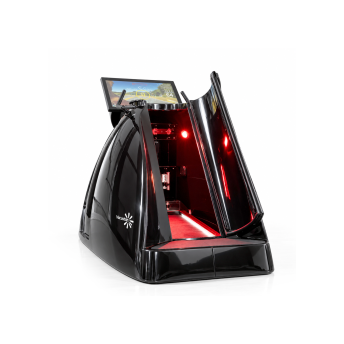 Capsula de bronzare neagră, futuristă, cu ecran tactil deasupra și iluminare interioară roșie, cu ușa deschisă
