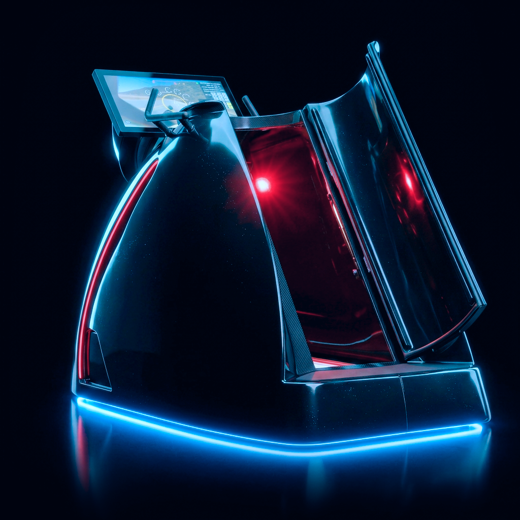 Aparat negru futurist cu strălucire neon albastră, capac deschis care dezvăluie un interior roșu și un ecran tactil în partea de sus.