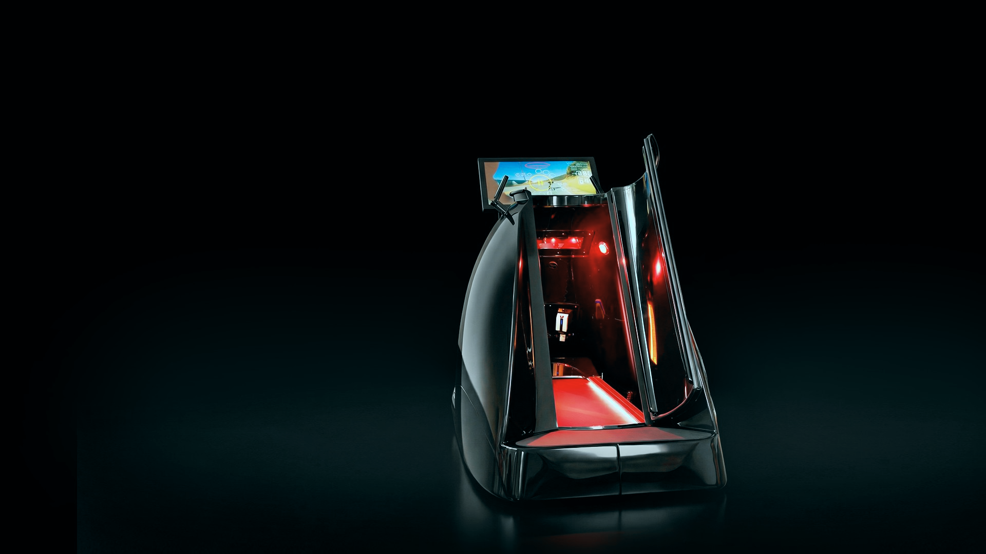 Dulap de jocuri arcade futuristic, cu interior roșu strălucitor și ecran tactil în partea de sus, pe un fundal întunecat.