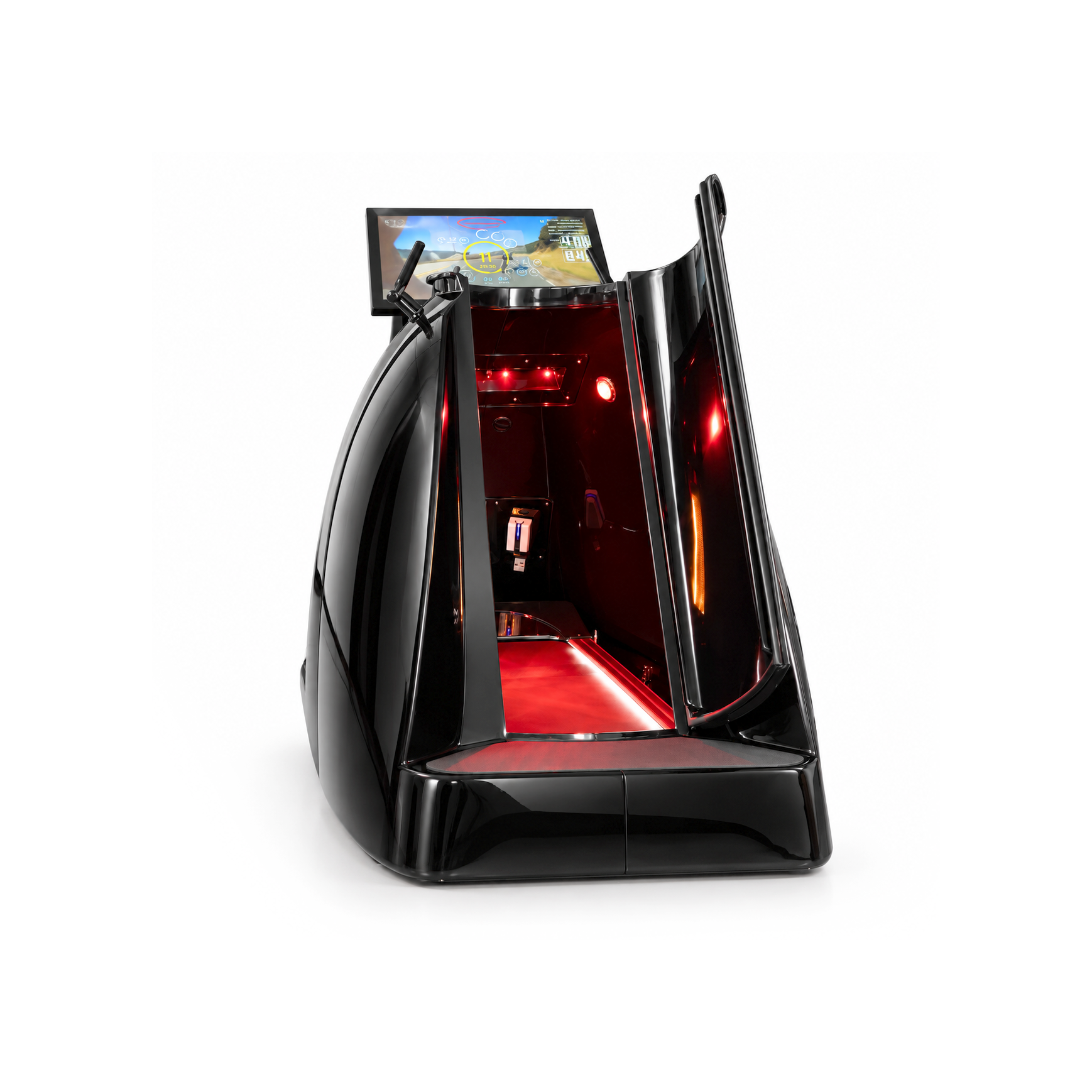 Ușa deschisă în formă de aripă de pescăruș dezvăluie un interior elegant al unui concept car negru, cu iluminare ambientală roșie și un bord mare cu ecran tactil.