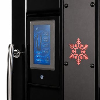 Close-up of a black appliance with a blue touchscreen control panel and a red illuminated snowflake on the door edge.