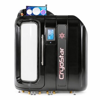 Large black futuristic cryogenic storage unit on wheels with a curved left door and a touchscreen panel on the front surface
