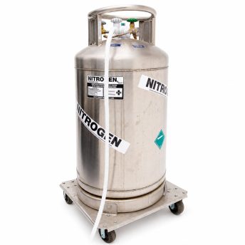 Stainless steel nitrogen gas cylinder on a wheeled cart with a hose attached, against a white background.