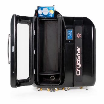Cryotherapy chamber with open door, black glossy exterior, padded interior, control panel on top, and wheels at base.