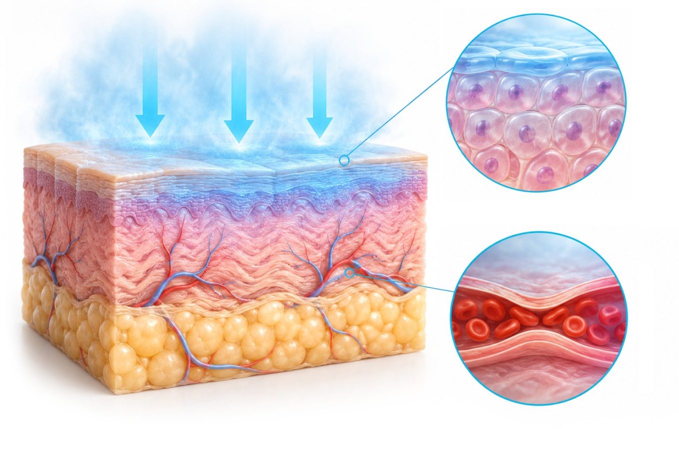 Cross-section of skin with epidermis, dermis, and fat layer; blue arrows show light/UV impact, with insets of skin cells and blood vessels.