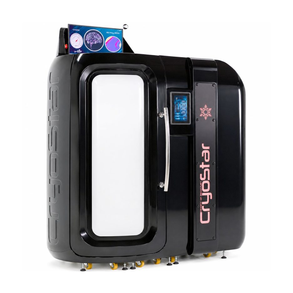 Large black, futuristic-looking medical/lab machine with a rounded doorway and a vertical touchscreen panel on the side, featuring a pink brand name along the edge.