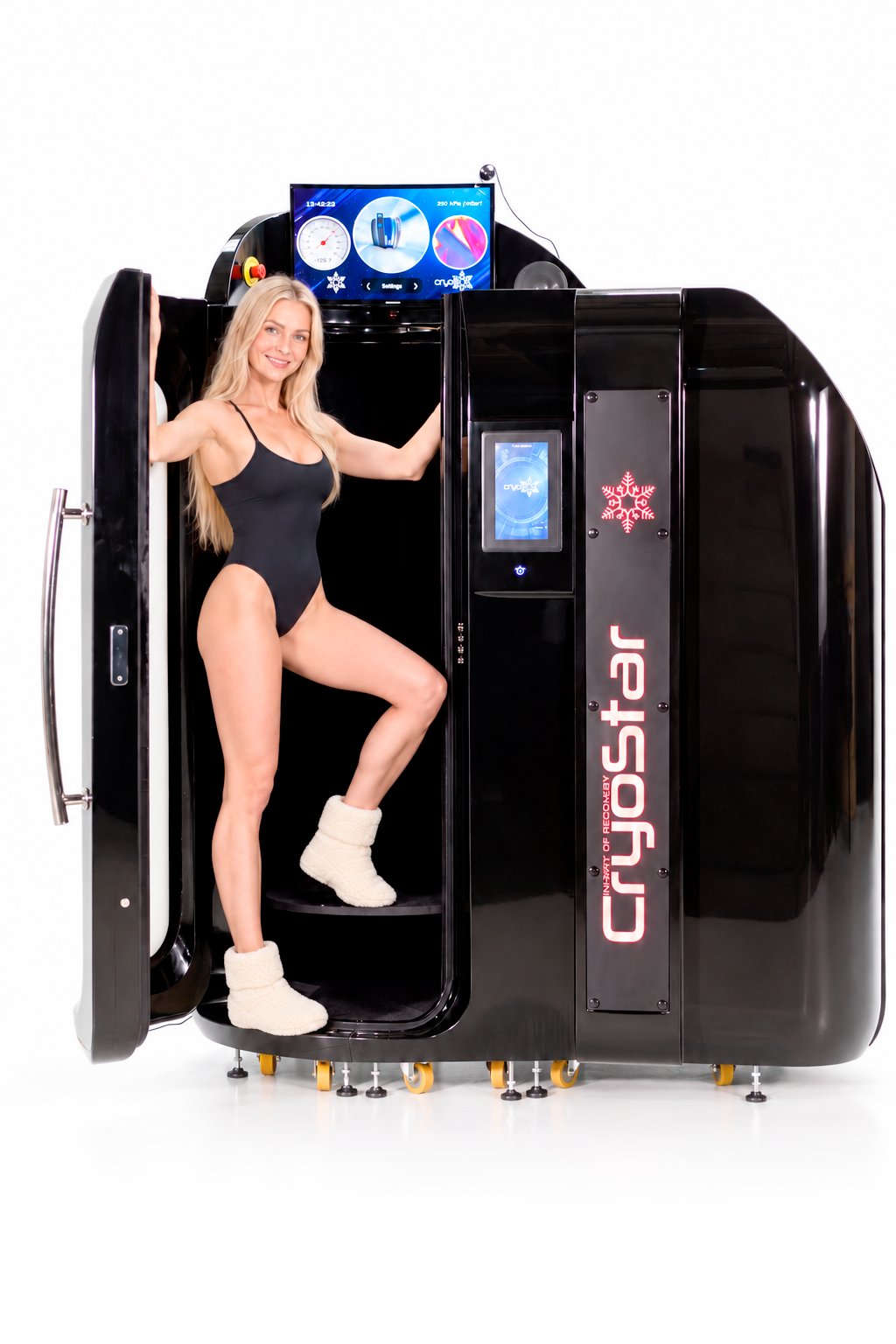 Woman in a black swimsuit steps into a futuristic black spa capsule with a touchscreen control on top.