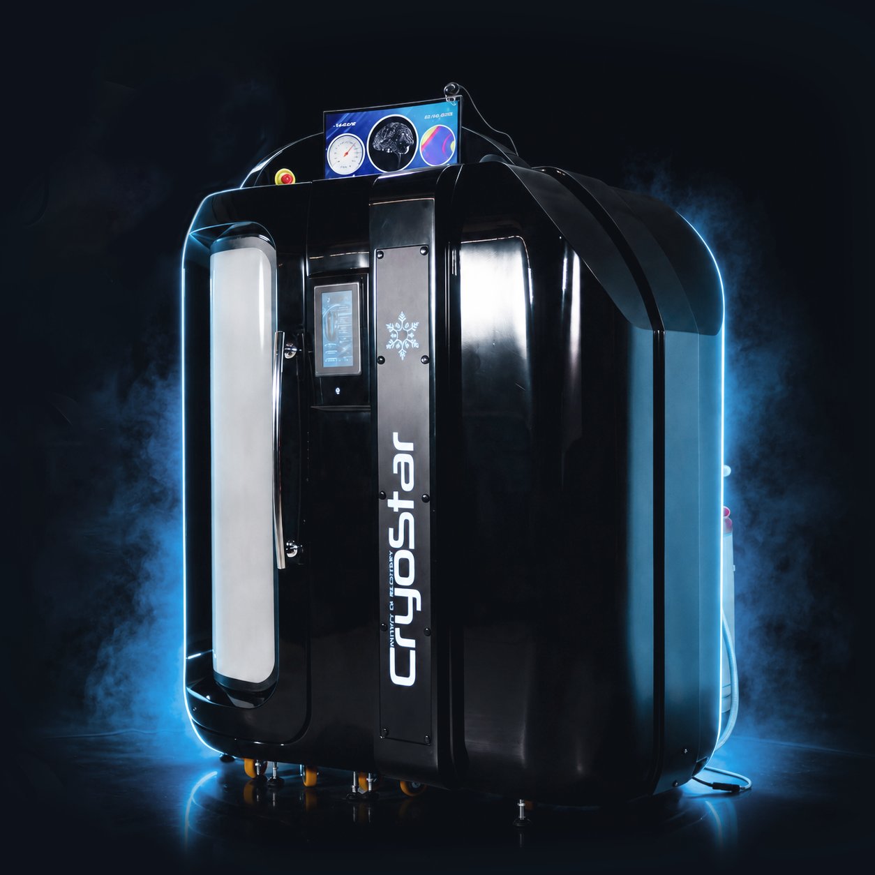 Black futuristic medical device on wheels with blue neon lighting and a control panel, branded Cryosoft.