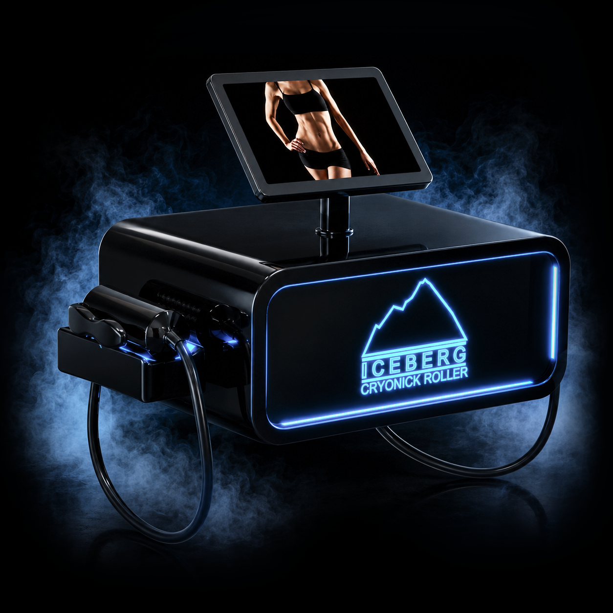 Iceberg Cryonick Roller περιτριγυρισμένο από μπλε κρύους ατμούς σε μαύρο φόντο, με μια φωτογραφία που διαμορφώνει το σώμα στην οθόνη αφής του.