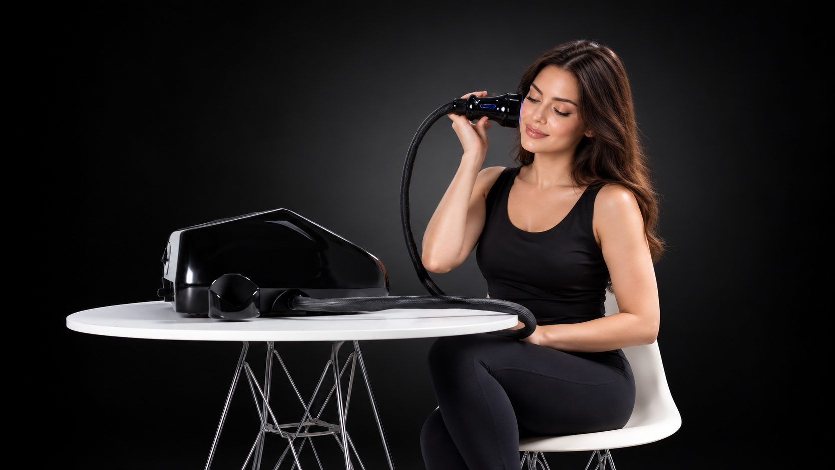 امرأة تجلس على طاولة في استوديو مظلم وتعالج رقبتها بجهاز التدليك اليدوي Iceberg Cryonick Roller Mini