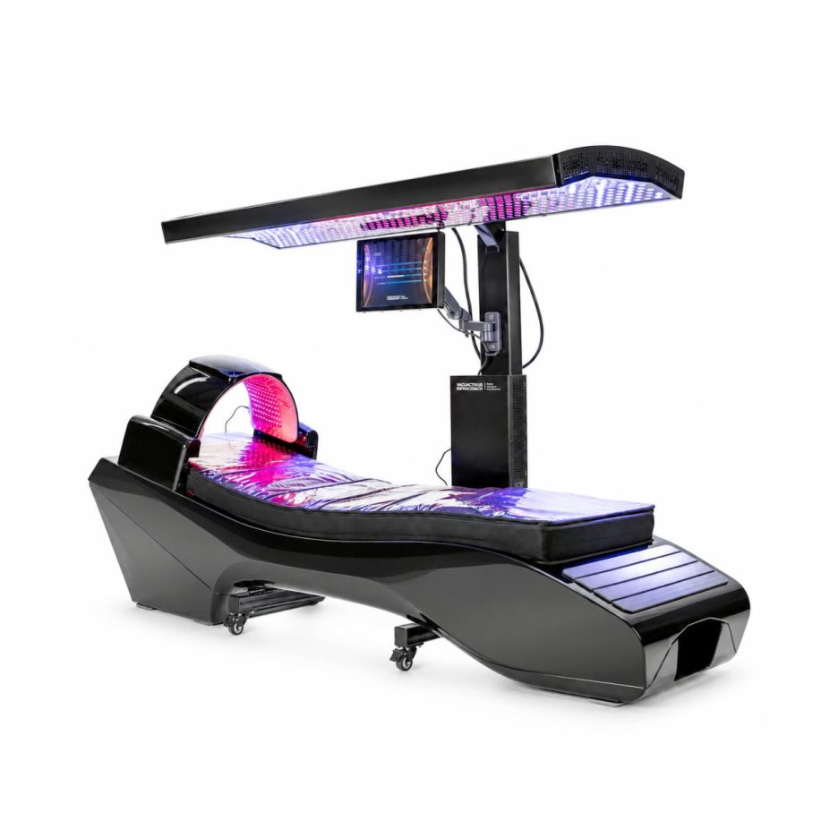 Sofă de bronzat futurist negru cu baldachin LED și monitor tactil montat.