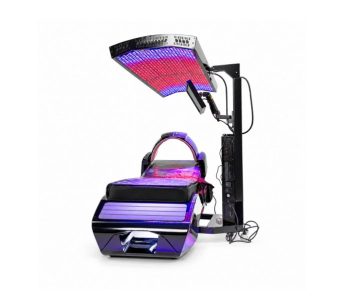 Sofă de bronzat violet cu baldachin iluminat cu LED-uri și suport atașat, prezentat din lateral.