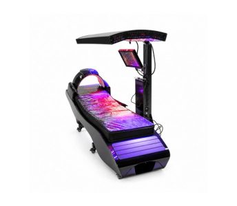 Sofă modernă cu pat acrilic curbat și închis și iluminare LED mov; include panou de control și lampă/tijă de plafon.