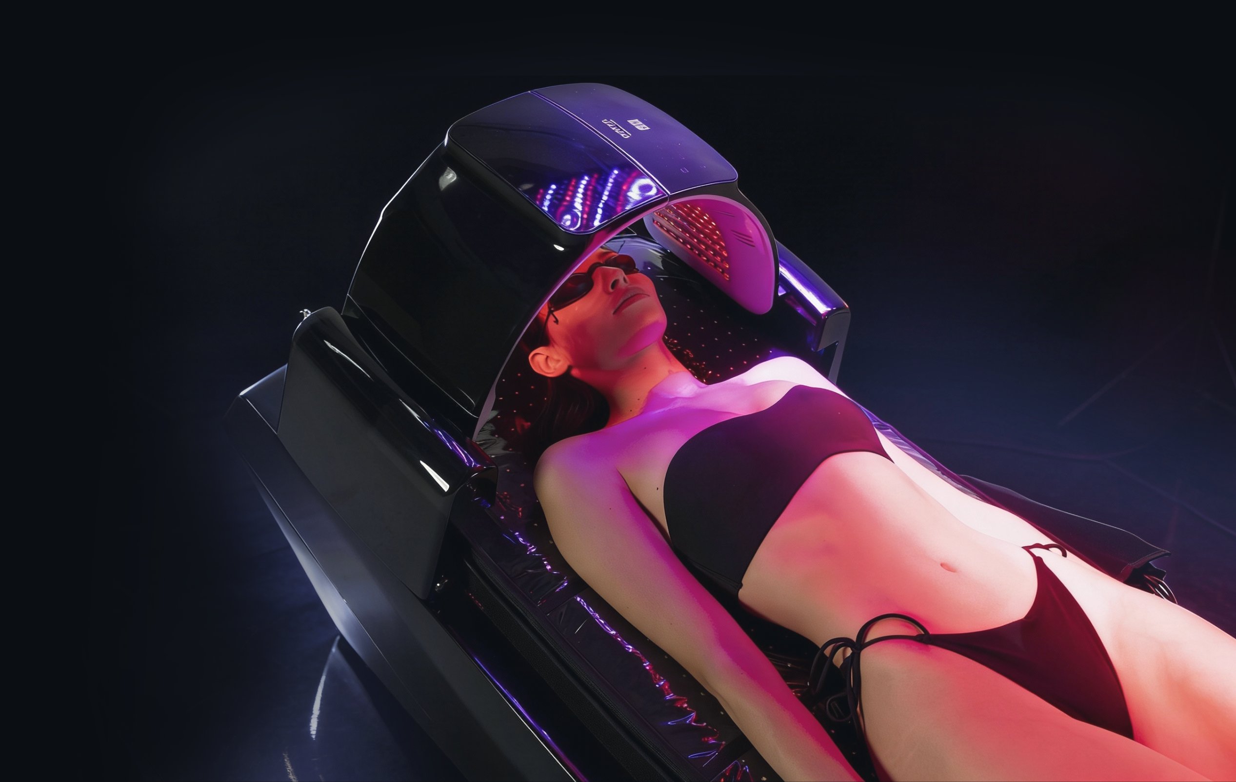 Persoană întinsă într-un solar negru futurist, cu lumini LED mov care se reflectă pe pielea sa, purtând un top de bikini.