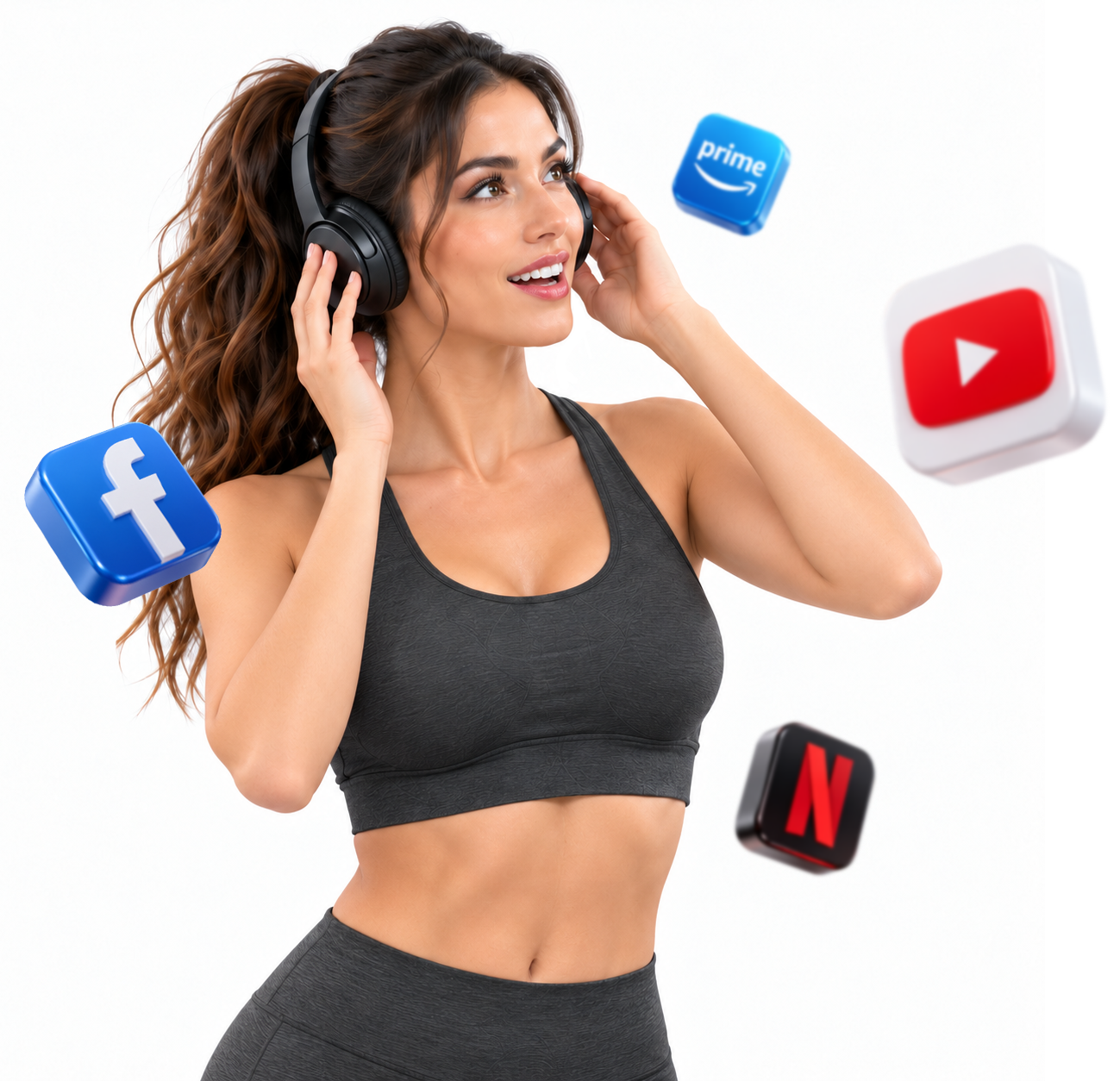 Femeie atletică într-un sutien sport, purtând căști, cu pictograme plutitoare pe rețelele sociale (Facebook, YouTube, Prime, Netflix).
