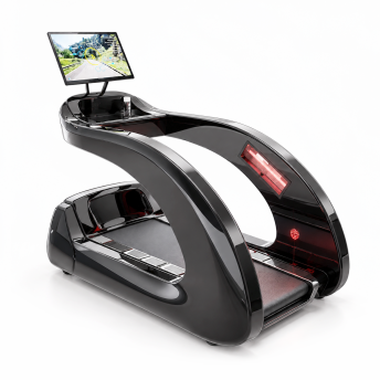 Bandă de alergare curbată futuristă cu ecran montat pentru antrenamente interactive de alergare și lumini roșii de siguranță pe cadru