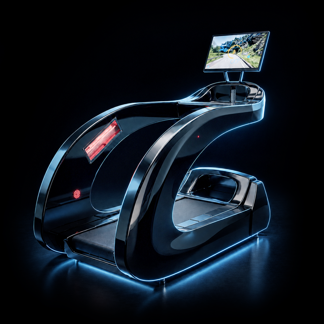 Bandă de alergare curbată futuristă cu ecran montat pe perete pentru antrenamente captivante, încadrată de panouri negre lucioase și iluminare neon albastră.