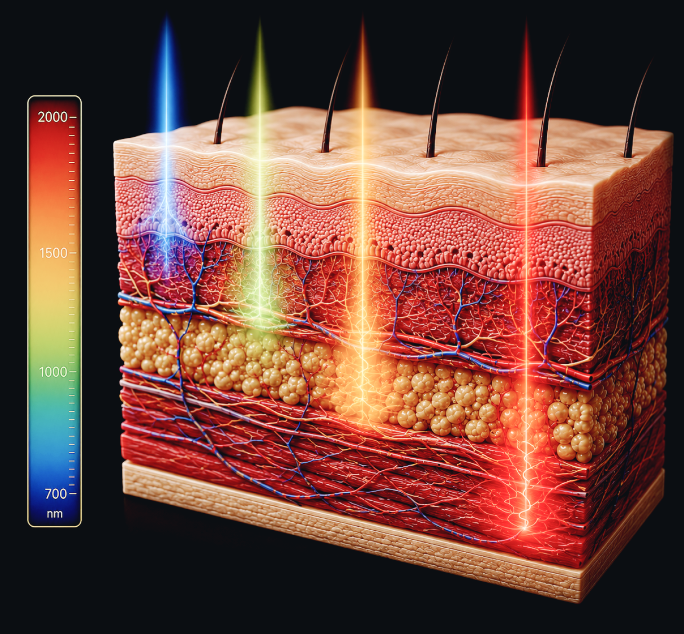 Secțiune transversală a pielii umane cu foliculi de păr și fascicule laser colorate multiple la diferite lungimi de undă (700–2000 nm) și o scală de lungimi de undă pe lateral.