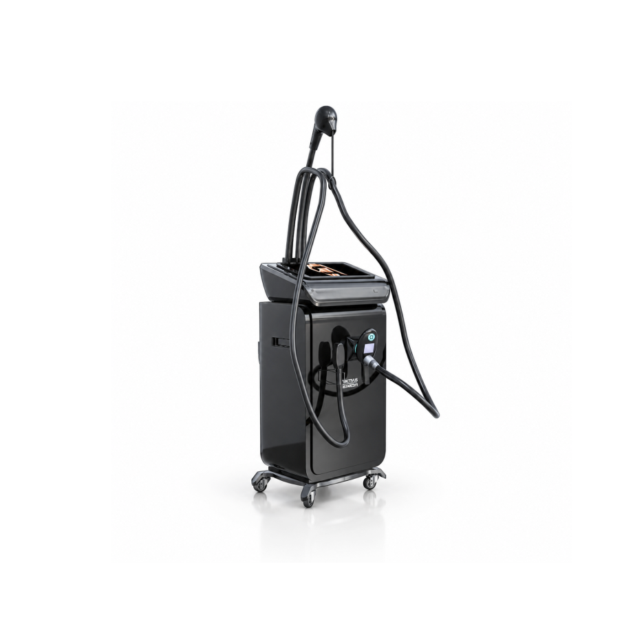 جهاز Silhouette Shaper مثبت على أربع عجلات، ويظهر من زاوية ثلاثة أرباع من الأمام إلى اليسار على خلفية بيضاء، مع شاشة لمس مائلة في الأعلى، وقطعتين يدويتين مثبتتين على اللوحة الأمامية، وخراطيم مقوسة في الأعلى.