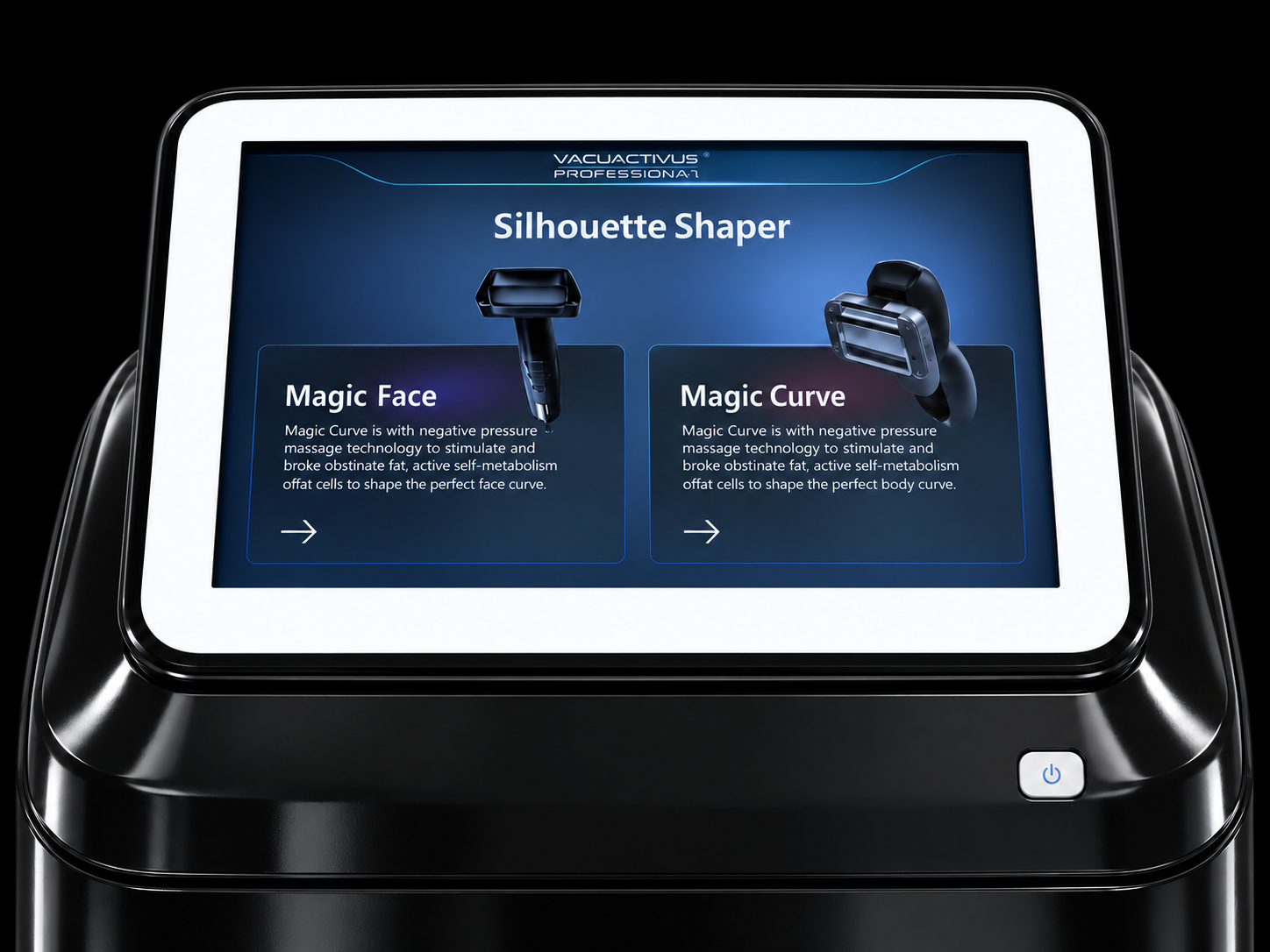 صورة مقرّبة للوحة تحكم جهاز Silhouette Shaper على هيكل أسود لامع: شاشة لمس بإطار أبيض تعرض الصفحة الرئيسية مع اسم المنتج وبطاقتي وضع، وهما Magic Face وMagic Curve، كل منهما مزودة بصورة توضيحية لقطعة اليد وسهم، وزر تشغيل دائري على اللوحة السفلية.