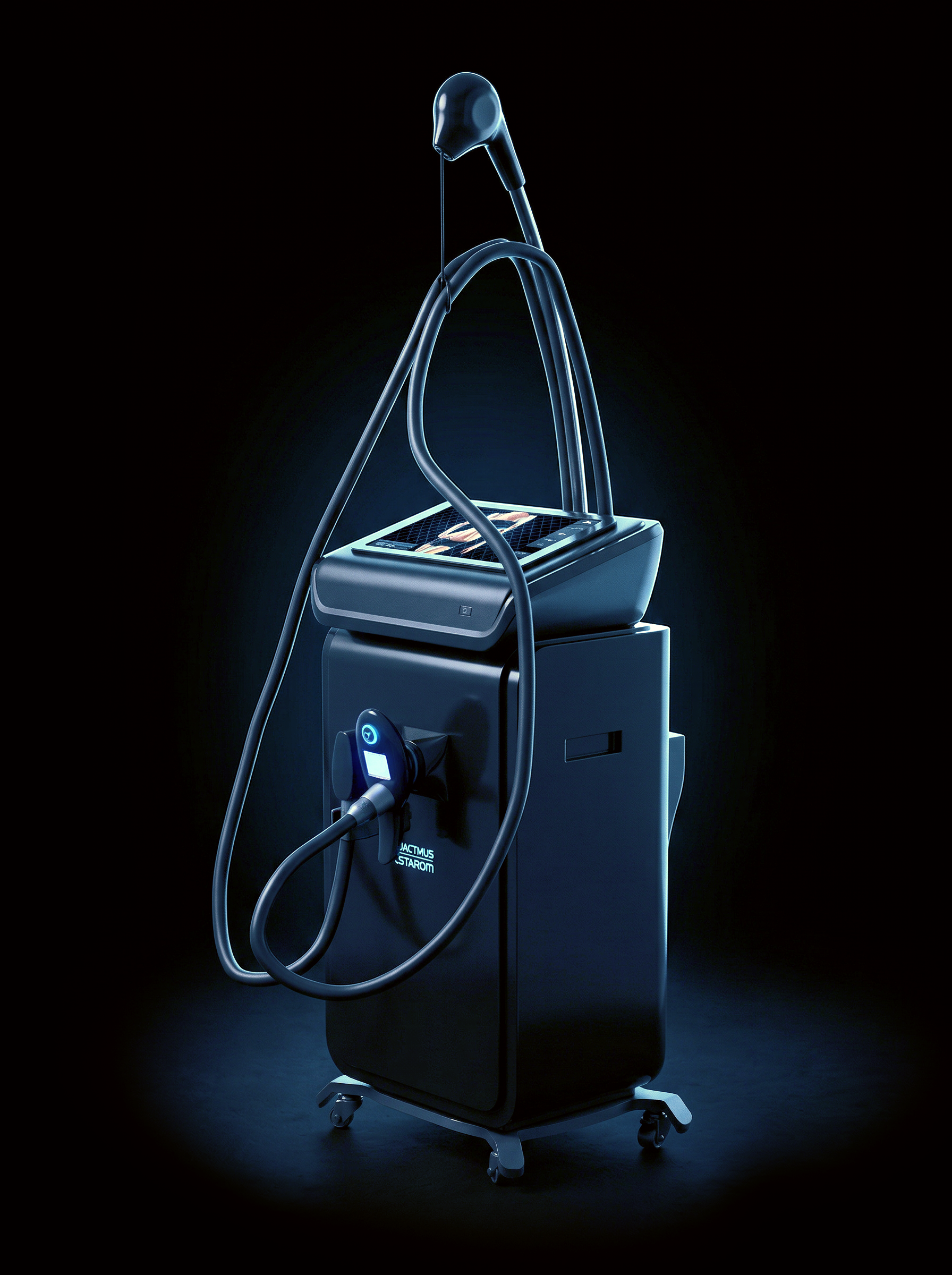 جهاز Silhouette Shaper مضاء بضوء أزرق بارد على خلفية سوداء، ويُرى من الأعلى بزاوية ثلاثة أرباع: شاشة لمس مائلة تعرض صورًا للعلاجات، وجهاز يدوي مثبت على اللوحة الأمامية، وكابلات ملتفة فوق الجزء العلوي من الجهاز.