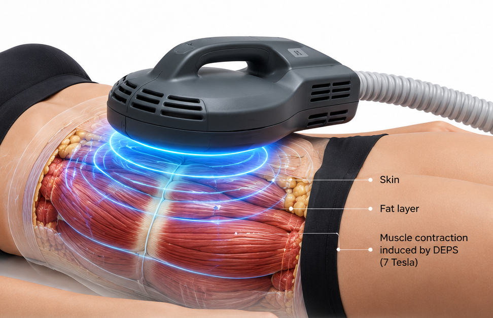 Illustrazione medica di un applicatore EMS fissato alla coscia: le linee blu del campo elettromagnetico attraversano la pelle e raggiungono il muscolo, mentre le cellule adipose gialle e le fibre muscolari rosse sono mostrate in sezione trasversale.