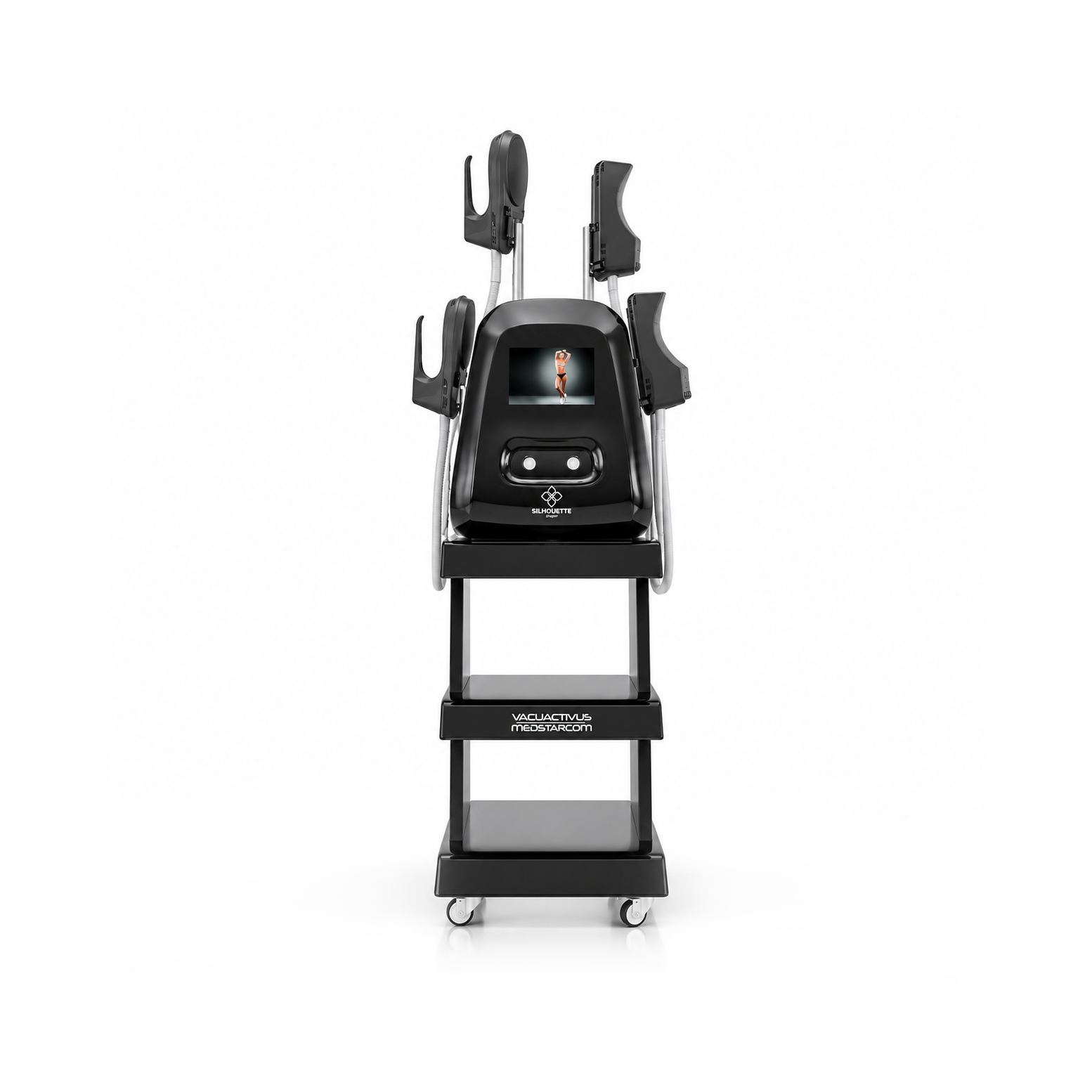 Unità Silhouette Shaper EMS posizionata sul suo carrello e fotografata frontalmente su uno sfondo bianco per il disegno quotato, con gli applicatori nei loro supporti sopra il corpo