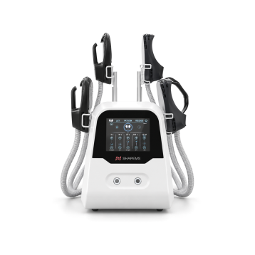Unità EMS Silhouette Shaper bianca vista frontalmente su sfondo bianco con quattro applicatori EMS nei loro supporti, un touchscreen illuminato sul pannello frontale e due pulsanti di accensione rotondi sottostanti.