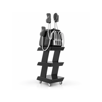 Unità Silhouette Shaper EMS su un carrello nero a tre ripiani con ruote, fotografata di lato su sfondo bianco con i supporti degli applicatori e i tubi che si ergono sopra il corpo