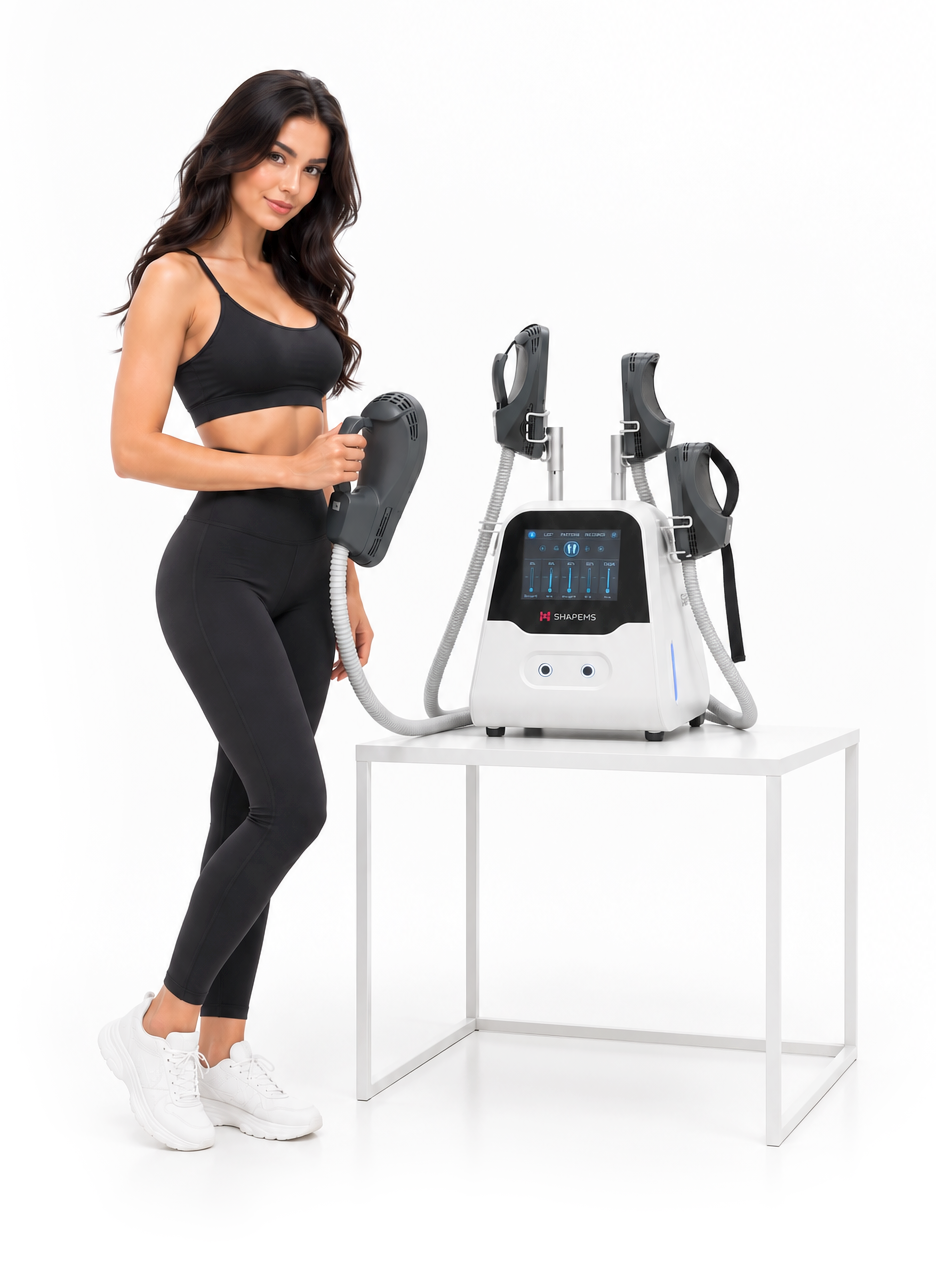 Una donna con un top sportivo nero e leggings neri è in piedi accanto all'unità Silhouette Shaper EMS bianca, posizionata su un tavolo bianco, e tiene in mano uno dei quattro applicatori EMS montati sul supporto.