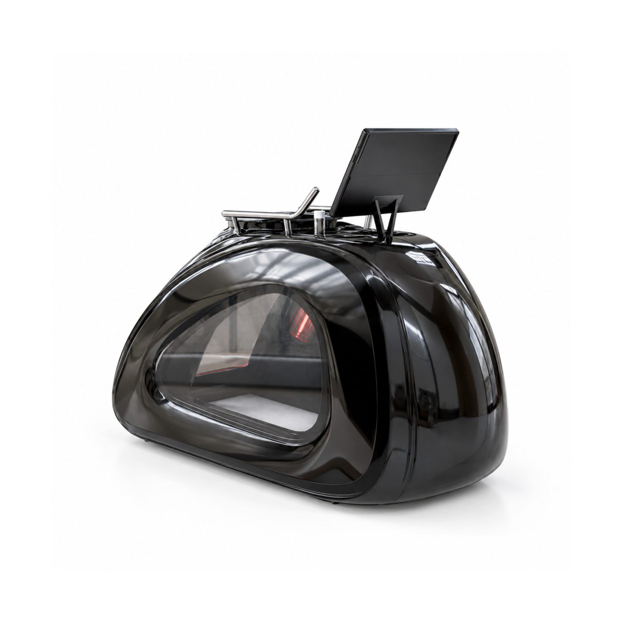 Máquina de lavar roupa preta com carregamento frontal, porta de vidro grande e ecrã tátil retangular elevado na parte superior.