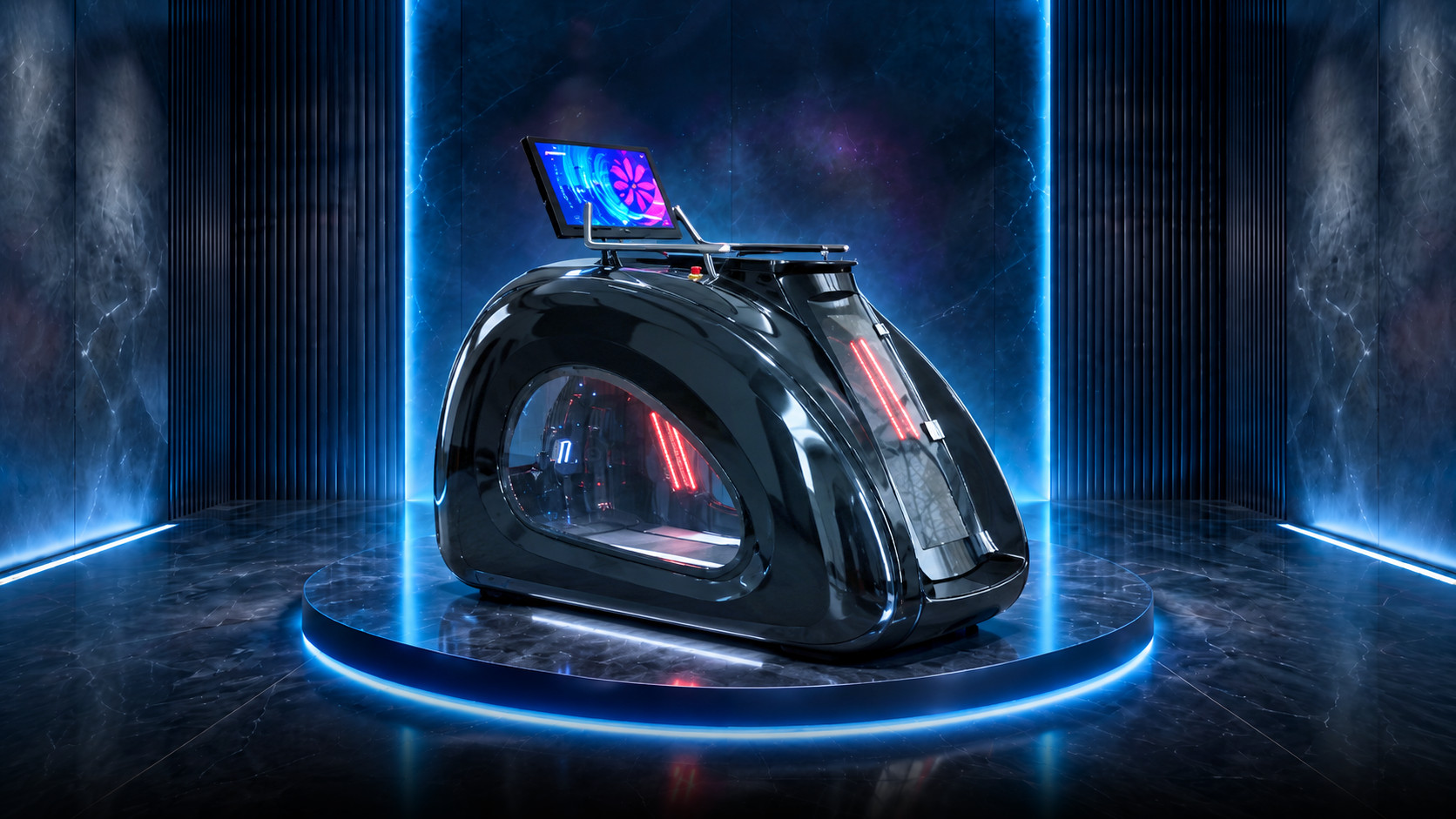 Carro futurista preto em formato de cápsula, sobre um pedestal azul brilhante em um showroom de alta tecnologia, com uma tela sensível ao toque montada no topo.
