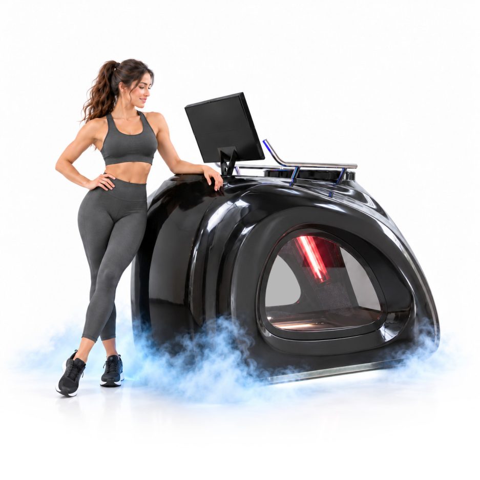 Uma mulher em boa forma, vestindo roupas de ginástica cinza, repousa a mão em uma cápsula de exercícios futurista preta e brilhante, com um monitor em cima.