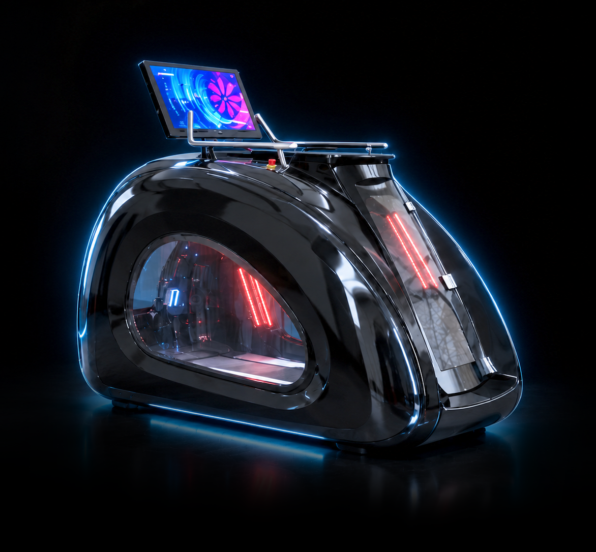 Cápsula futurista preta brilhante com luzes de néon azuis, janela lateral transparente e um tablet montado na parte superior.