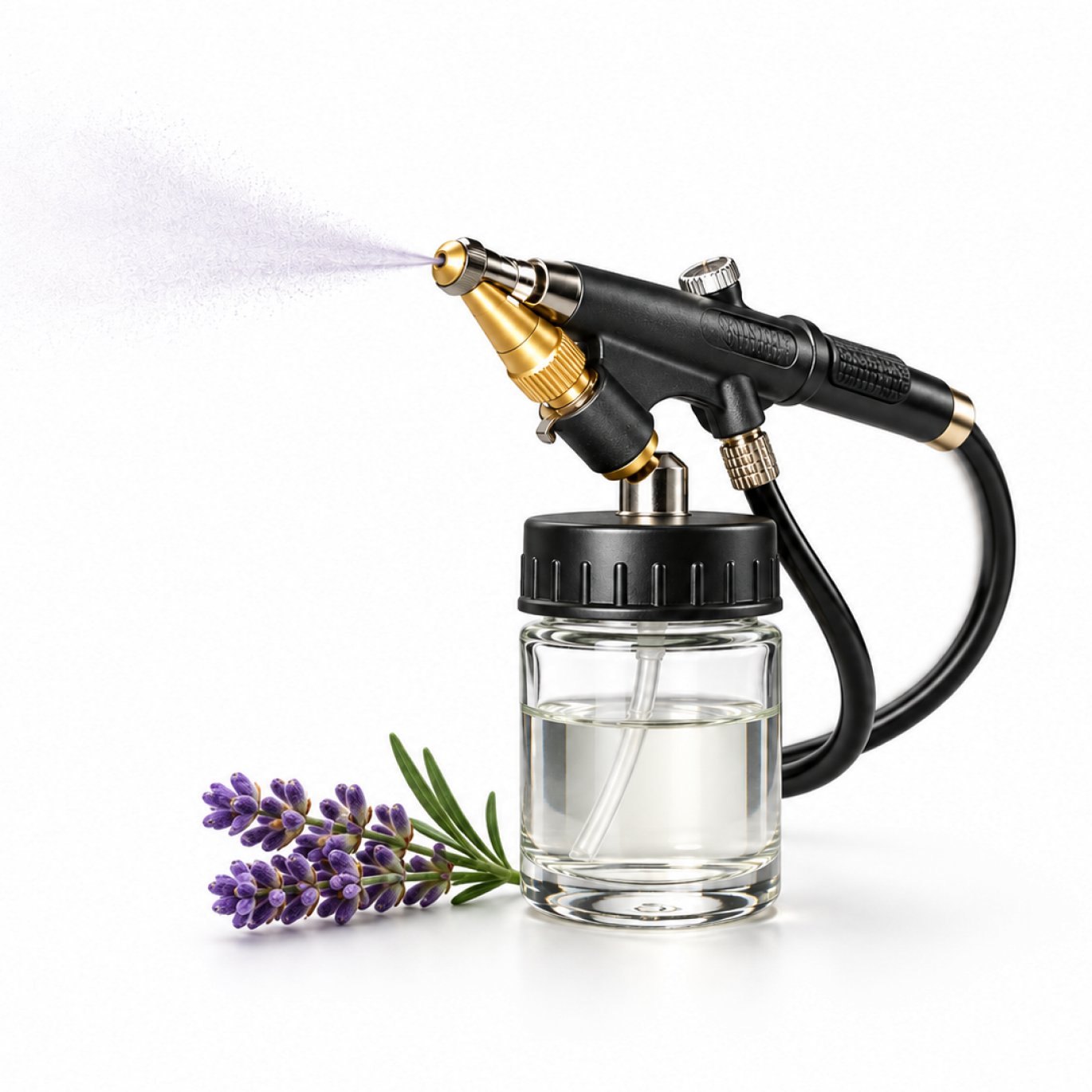 Atomizor de parfum care pulverizează ceață lângă o crenguță de lavandă pe un fundal alb.