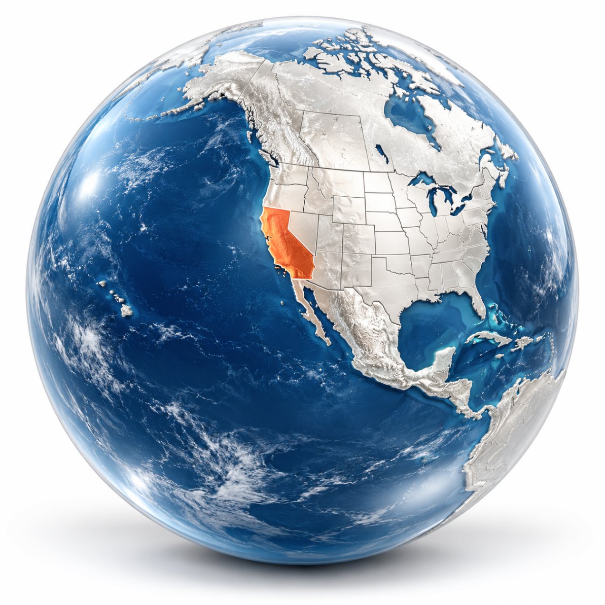Glob 3D concentrat pe cele două Americi, cu California evidențiată cu portocaliu pe harta vestică a Statelor Unite