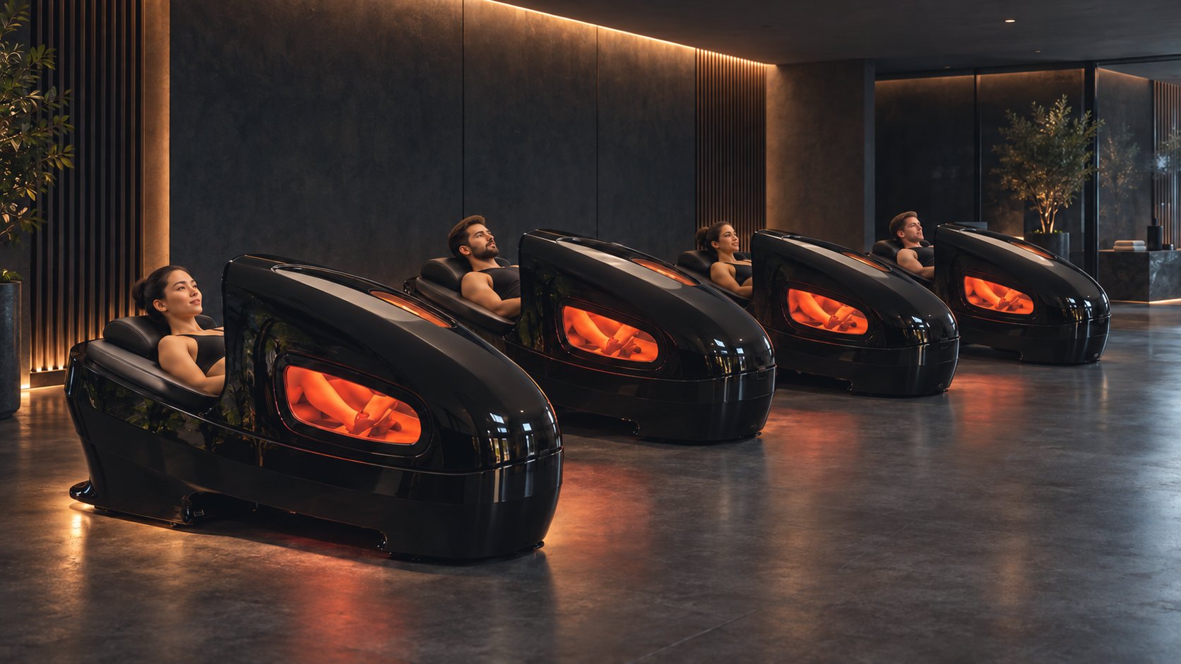 Șase capsule de relaxare negre lucioase, cu lumină interioară chihlimbar, fiecare conținând o persoană relaxată într-un cadru de hol al spa-ului.