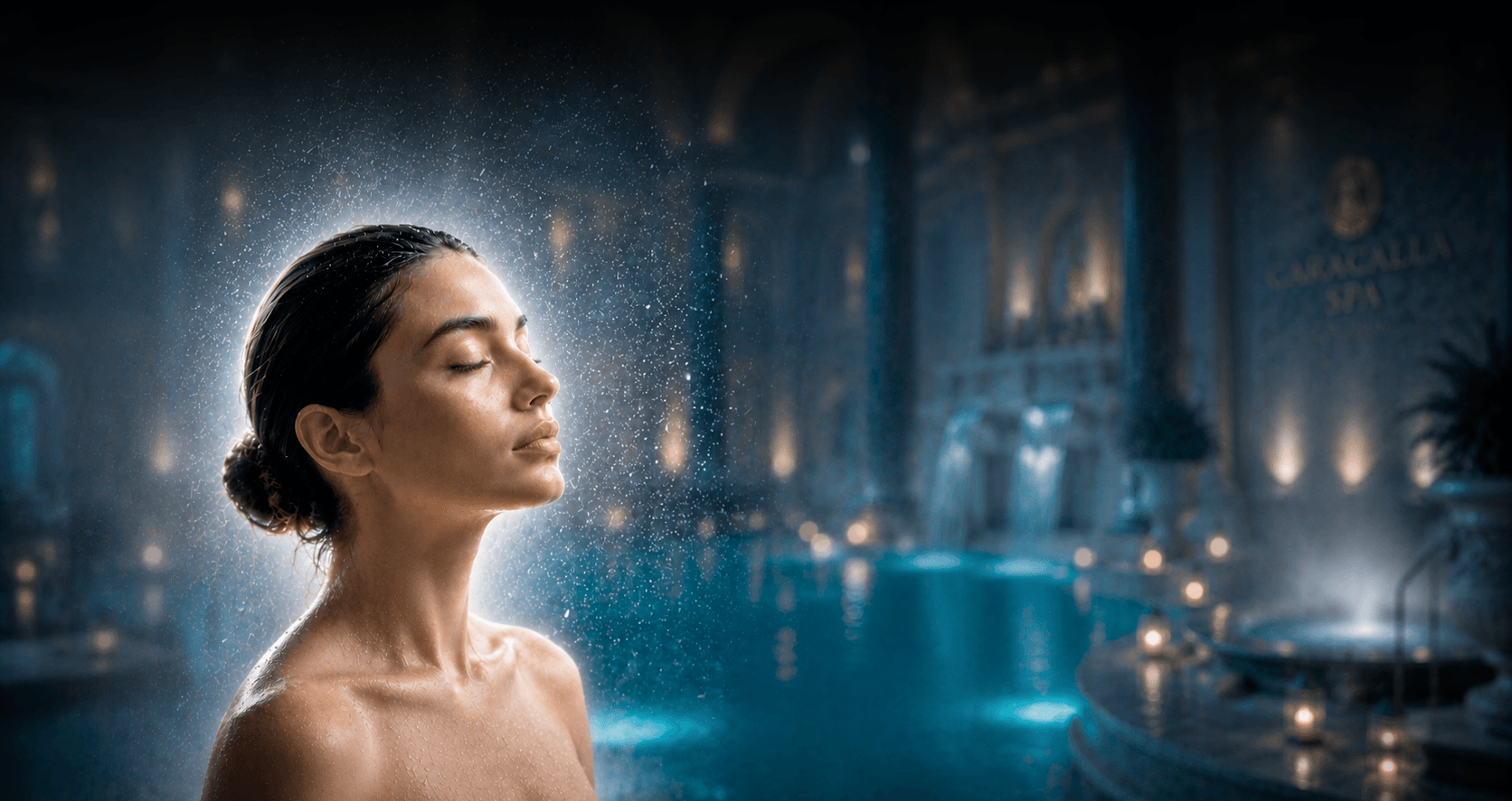 Femeie cu ochii închiși sub un duș în cascadă într-un centru spa de lux, picăturile fiind iluminate de o lumină difuză.