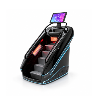 Macchina cardio futuristica nera per salire le scale con finiture a LED blu e display touchscreen sulla parte superiore