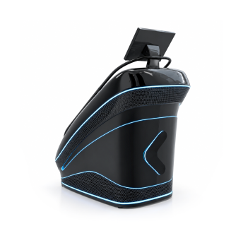 Cuffie da gaming futuristiche di colore nero con dettagli a LED blu e un piccolo display montato sulla parte superiore.