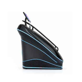 Case per PC da gaming futuristico di colore nero con dettagli a LED blu neon e monitor montato sulla parte superiore.