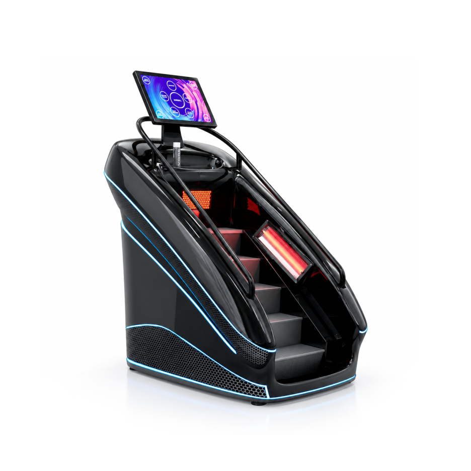 Macchina da fitness futuristica di colore nero con touchscreen integrato e finiture a LED blu neon.