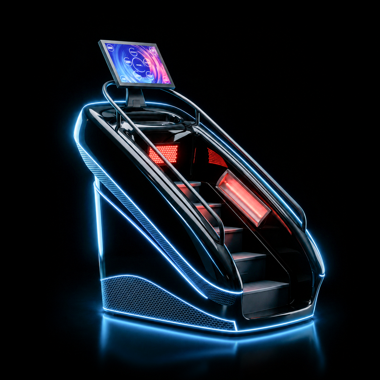 Scala mobile futuristica e luminosa con luci al neon blu e pannello touchscreen sulla parte superiore.