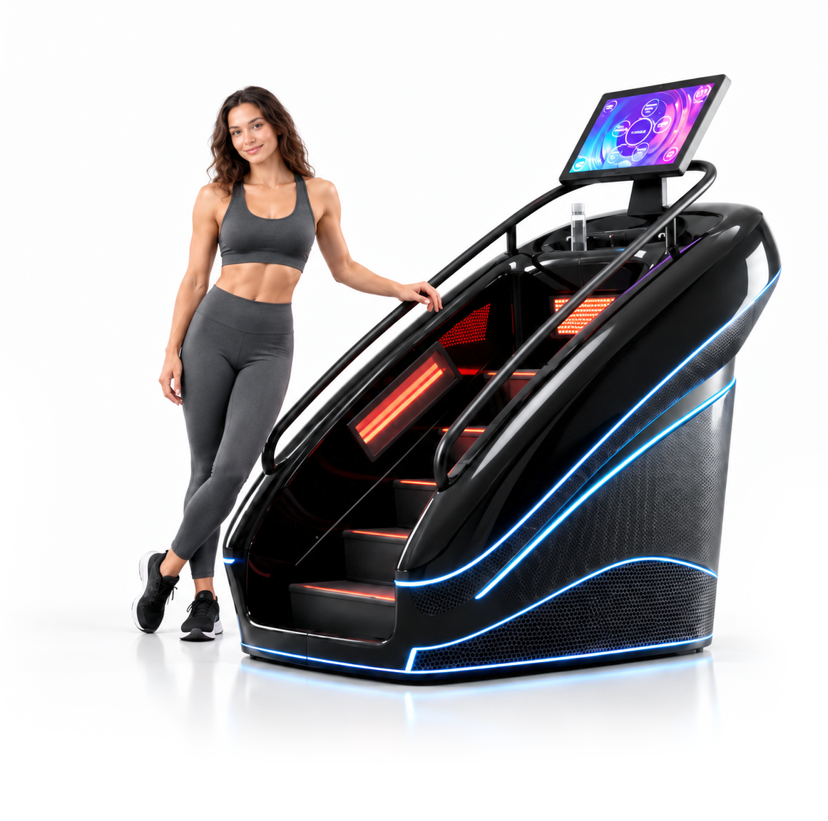 Una donna in forma, vestita con abbigliamento sportivo grigio, si appoggia a un tapis roulant elegante e high-tech con dettagli a LED blu e display touchscreen.