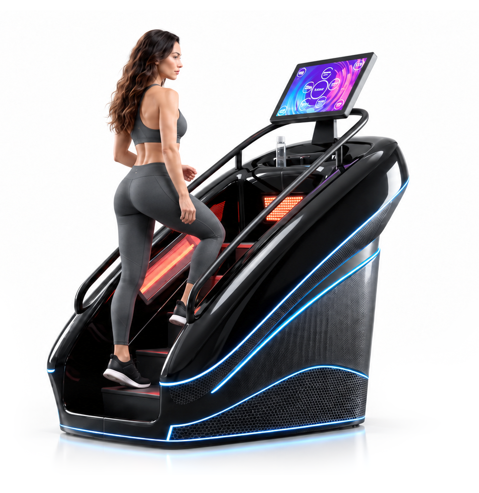 Donna in abbigliamento sportivo che utilizza un tapis roulant futuristico con dettagli a LED blu e monitor touchscreen integrato.
