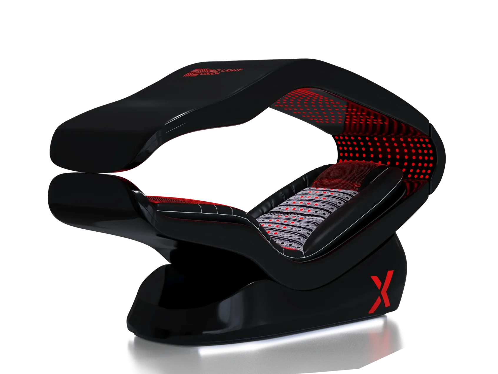 Prim-plan al unui scaun de gaming negru cu spătar perforat roșu și cusături roșii, cu un logo 'X' pe lateral.