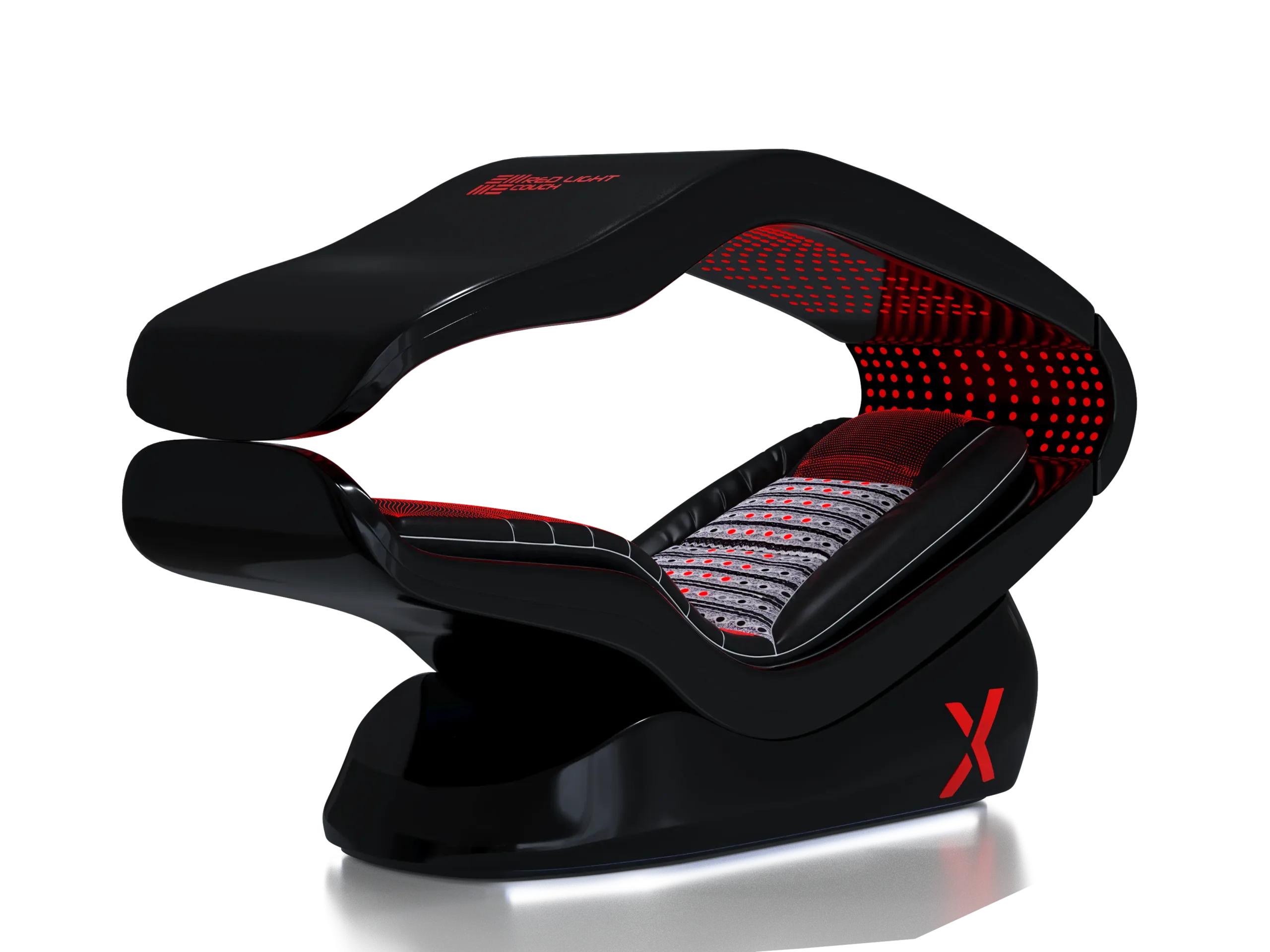 Detalhe de uma cadeira gamer preta com encosto perfurado vermelho e costura vermelha, com um logotipo em forma de "X" na lateral.
